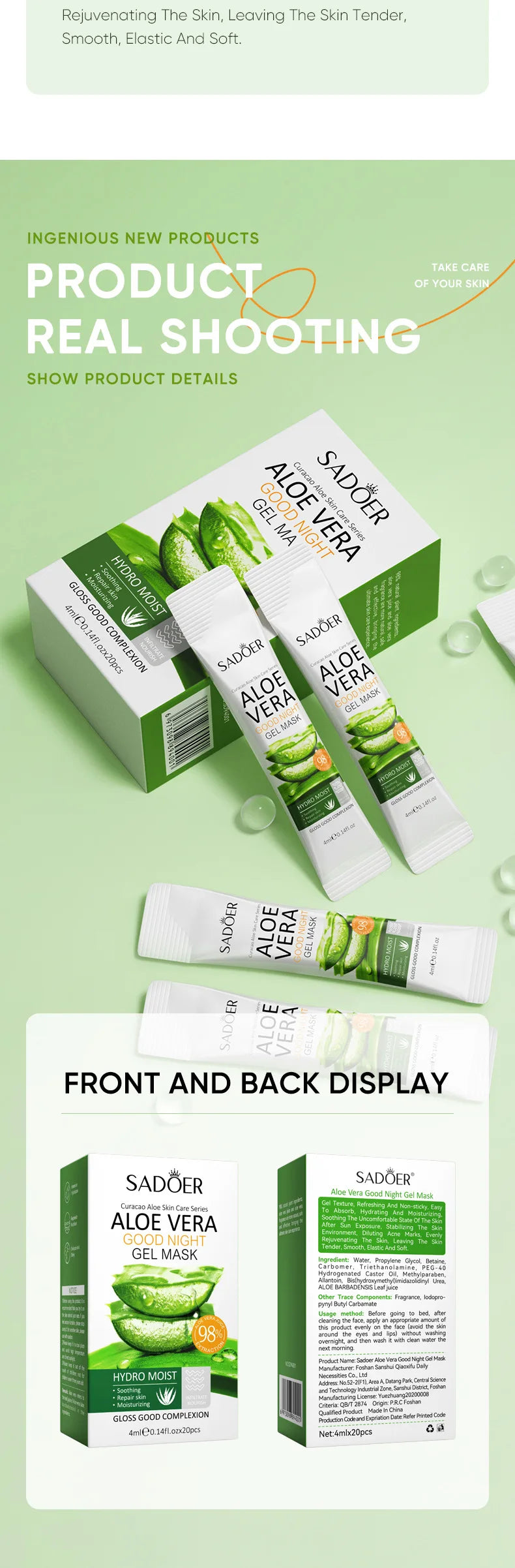 20pcs Aloe Vera Gel Portable Sleeping Mask Soothing & Repairing After Moisturizing Hydrating Shrink Pores Facial Mask Skin Care