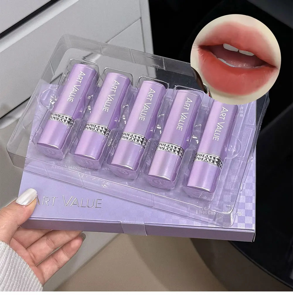 5 Colors Purple Bar Tube Black Lipstick Easy Coloring Matte Velvet Lipstick Long-lasting Red Lipstick Christmas Gift 5PCS