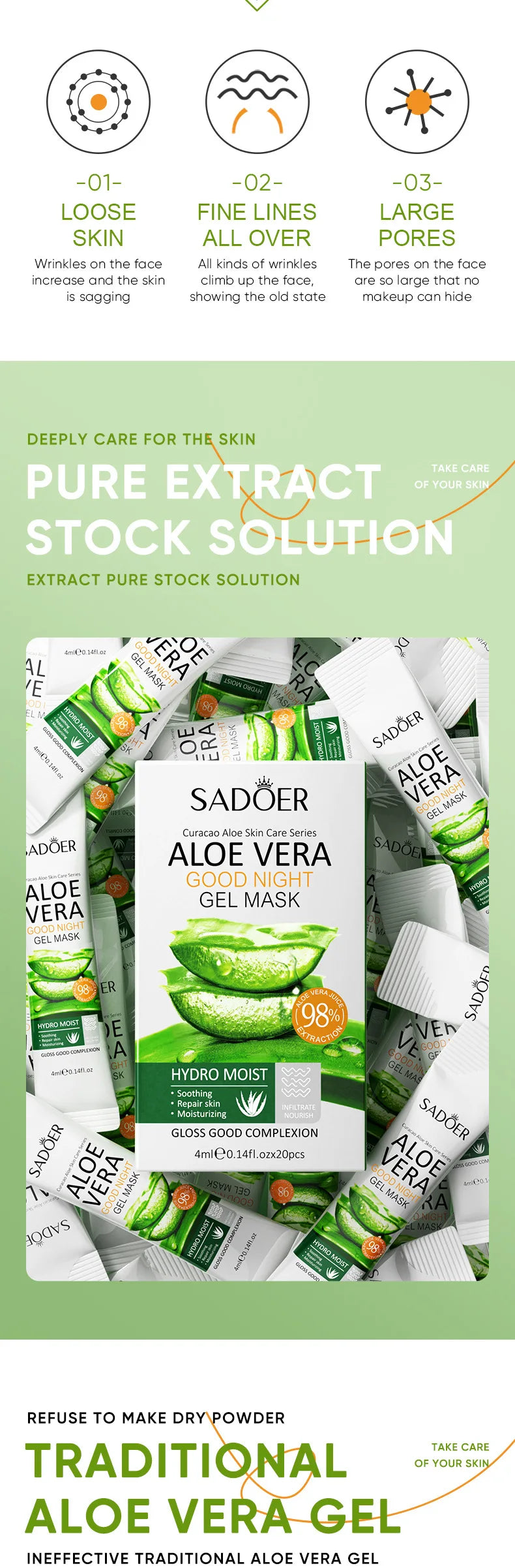 20pcs Aloe Vera Gel Portable Sleeping Mask Soothing & Repairing After Moisturizing Hydrating Shrink Pores Facial Mask Skin Care