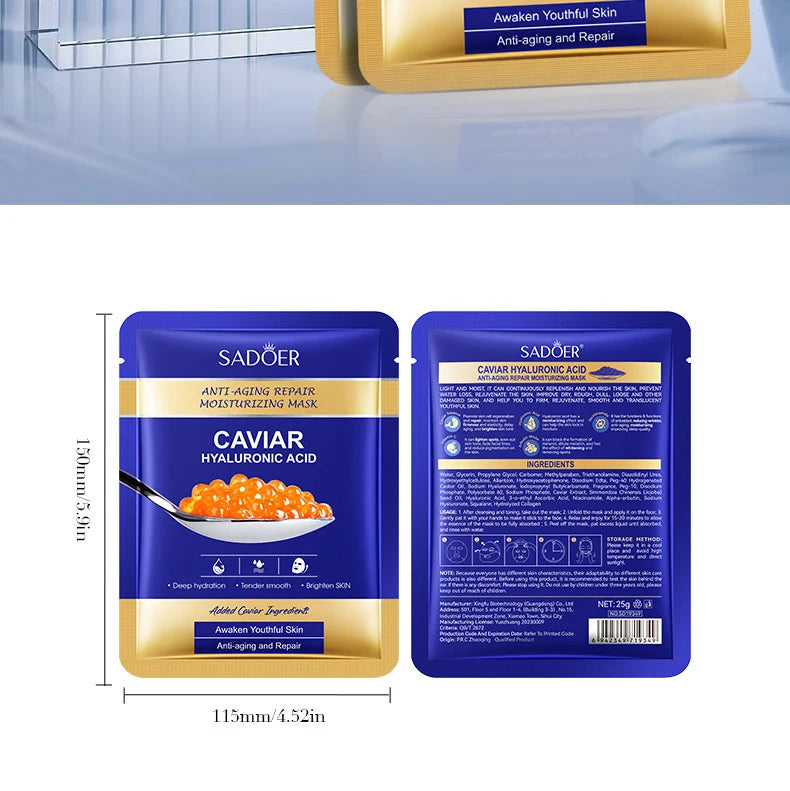 5pcs SADOER Caviar Hyaluronic Acid Moisturizing Facial Masks Brightening Firming Hydrating Face Mask Facial Skin Care Products