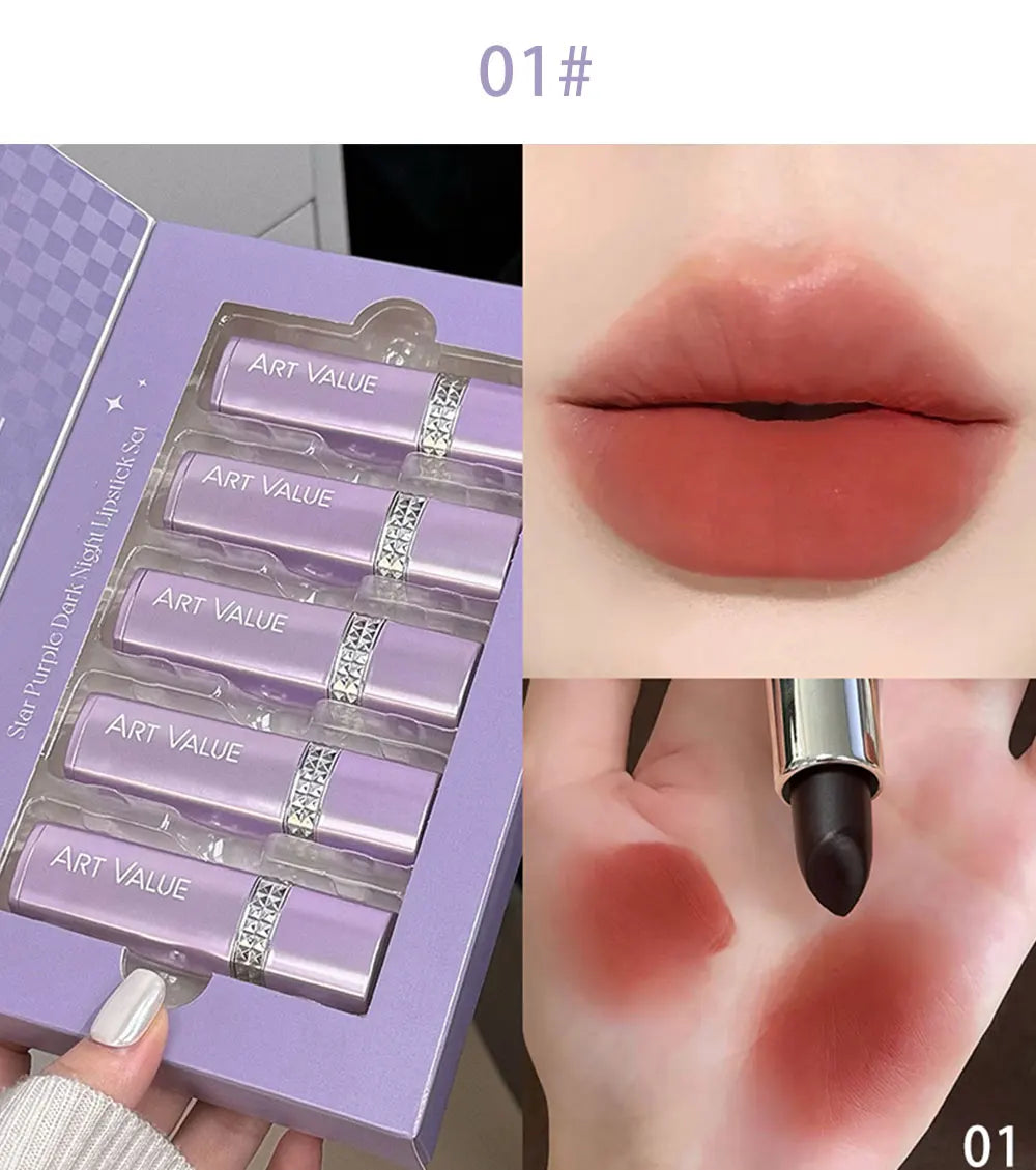 5 Colors Purple Bar Tube Black Lipstick Easy Coloring Matte Velvet Lipstick Long-lasting Red Lipstick Christmas Gift 5PCS