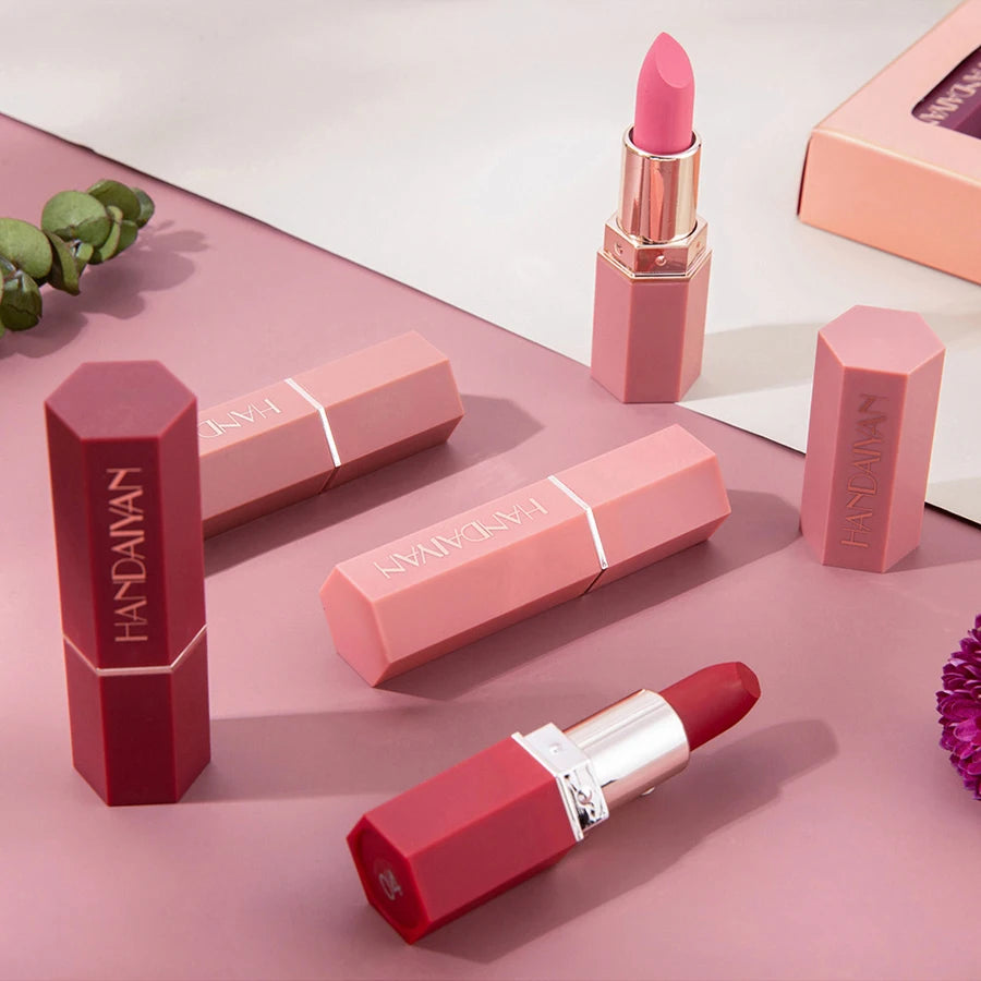 6 Colors Gold Bar Tube Lipstick Matte Texture Pearlescent Glitter Velvet NonStick Cup Lipstick Valentine's Day Gift 6Pcs/Set