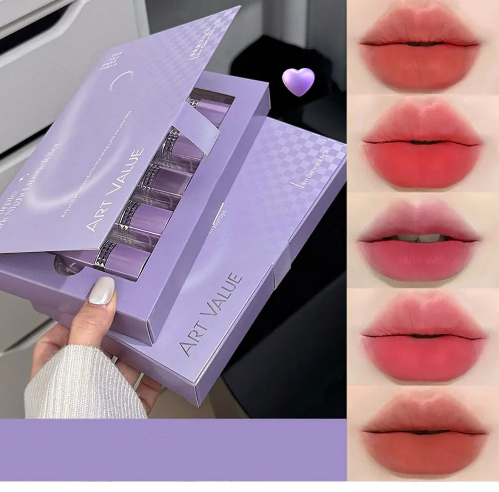 5 Colors Purple Bar Tube Black Lipstick Easy Coloring Matte Velvet Lipstick Long-lasting Red Lipstick Christmas Gift 5PCS