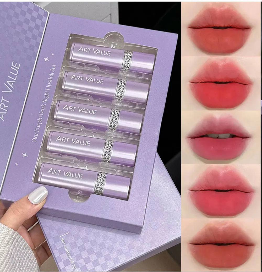 5 Colors Purple Bar Tube Black Lipstick Easy Coloring Matte Velvet Lipstick Long-lasting Red Lipstick Christmas Gift 5PCS