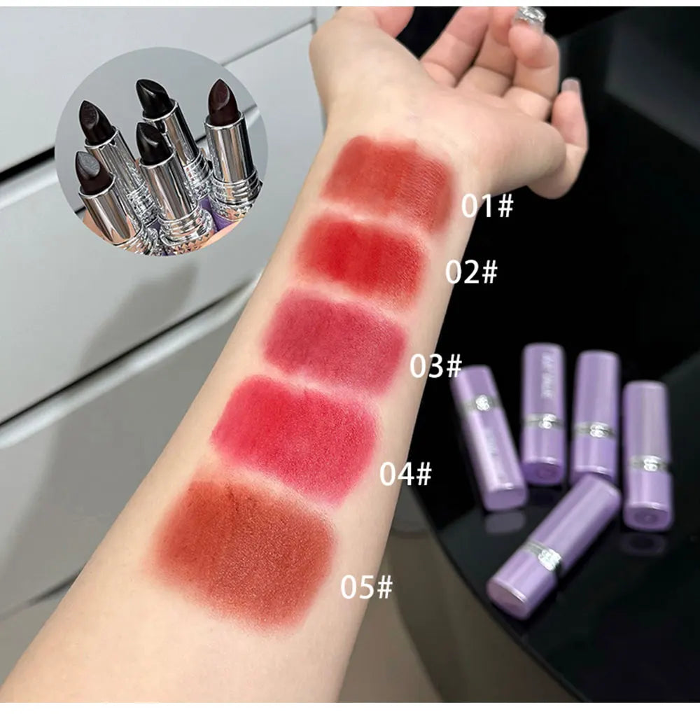 5 Colors Purple Bar Tube Black Lipstick Easy Coloring Matte Velvet Lipstick Long-lasting Red Lipstick Christmas Gift 5PCS