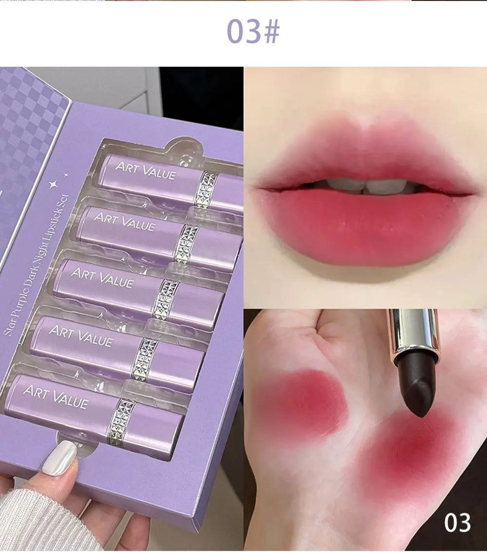 5 Colors Purple Bar Tube Black Lipstick Easy Coloring Matte Velvet Lipstick Long-lasting Red Lipstick Christmas Gift 5PCS