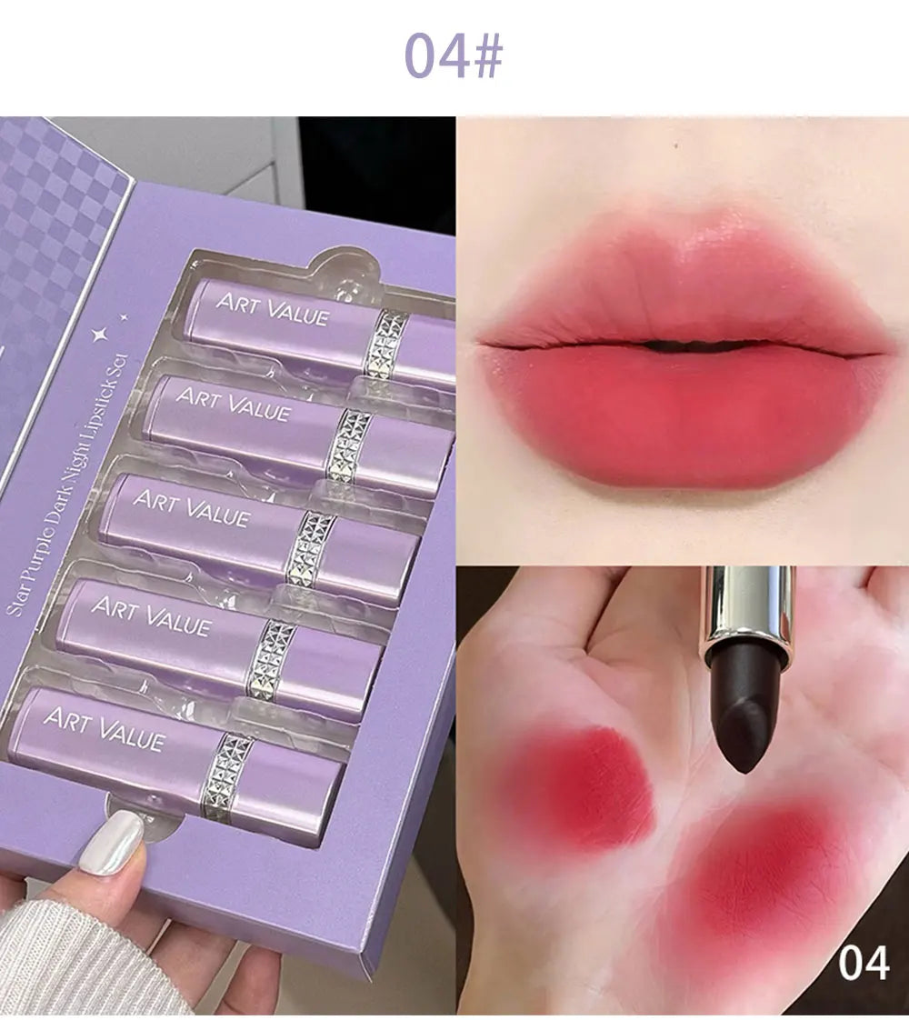 5 Colors Purple Bar Tube Black Lipstick Easy Coloring Matte Velvet Lipstick Long-lasting Red Lipstick Christmas Gift 5PCS