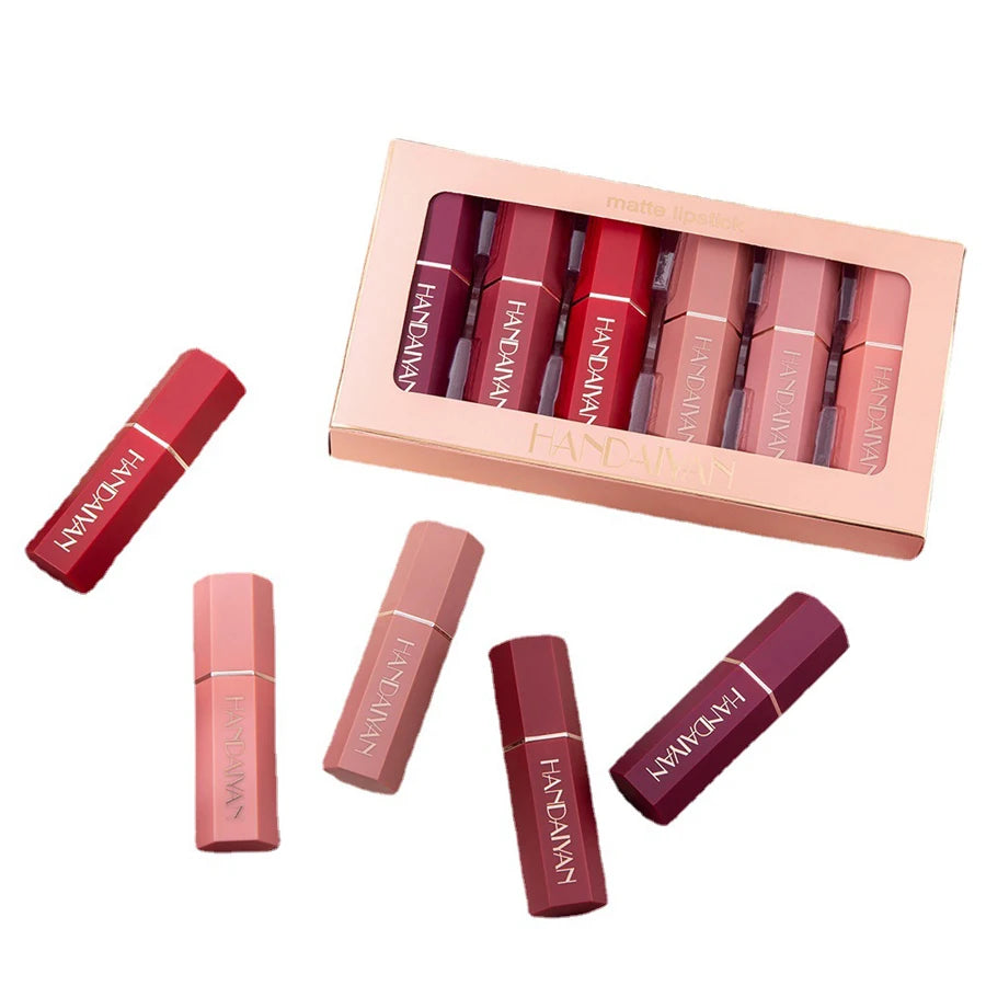 6 Colors Gold Bar Tube Lipstick Matte Texture Pearlescent Glitter Velvet NonStick Cup Lipstick Valentine's Day Gift 6Pcs/Set