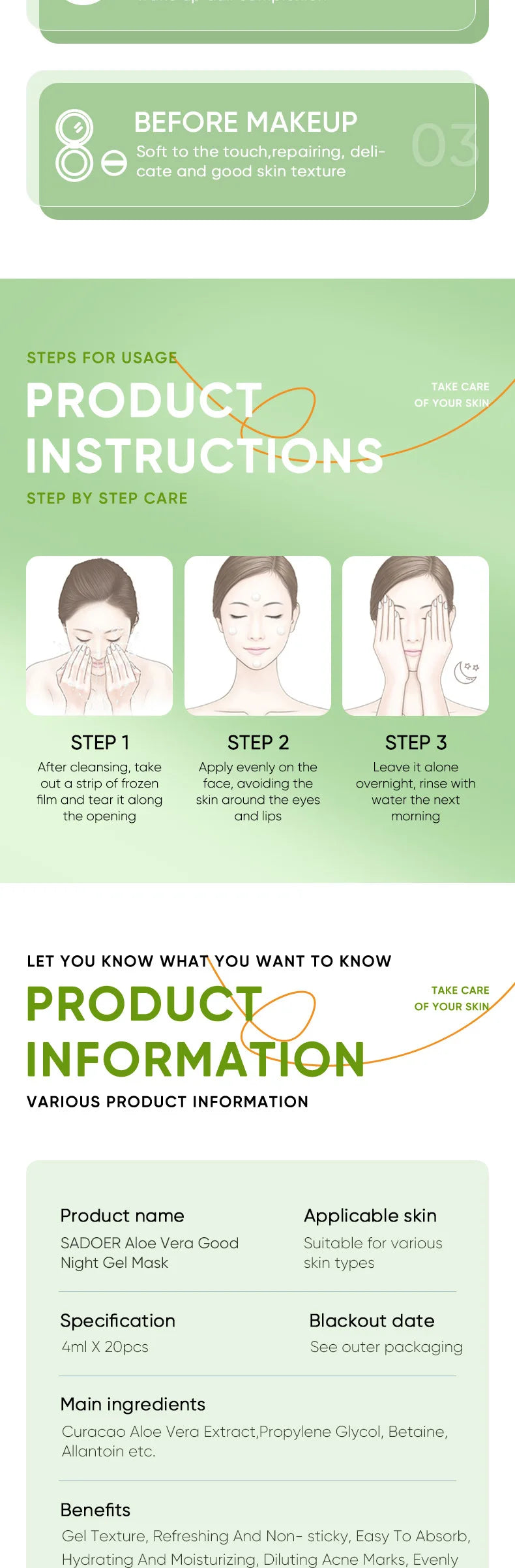 20pcs Aloe Vera Gel Portable Sleeping Mask Soothing & Repairing After Moisturizing Hydrating Shrink Pores Facial Mask Skin Care