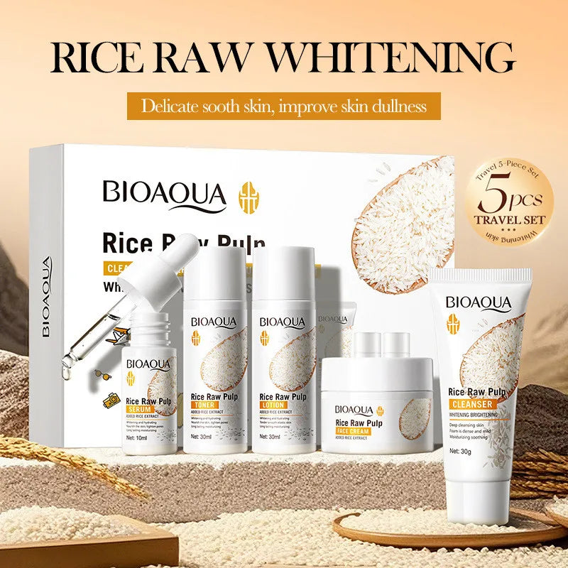 BIOAOUA 5pcs Rice Raw Whitening Travel Set For Cleansing and Moisturizing Whiten