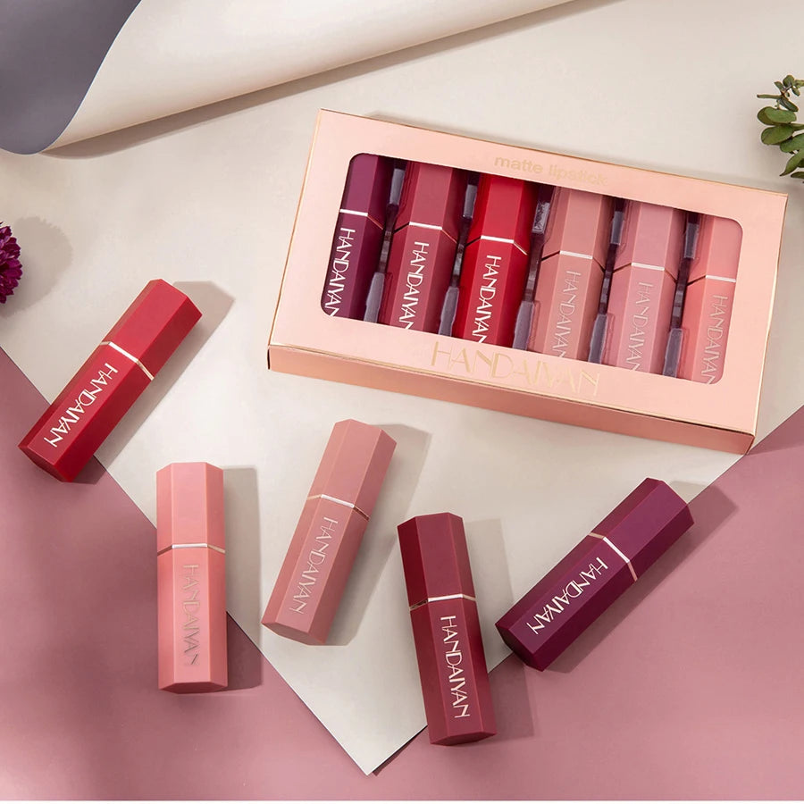 6 Colors Gold Bar Tube Lipstick Matte Texture Pearlescent Glitter Velvet NonStick Cup Lipstick Valentine's Day Gift 6Pcs/Set