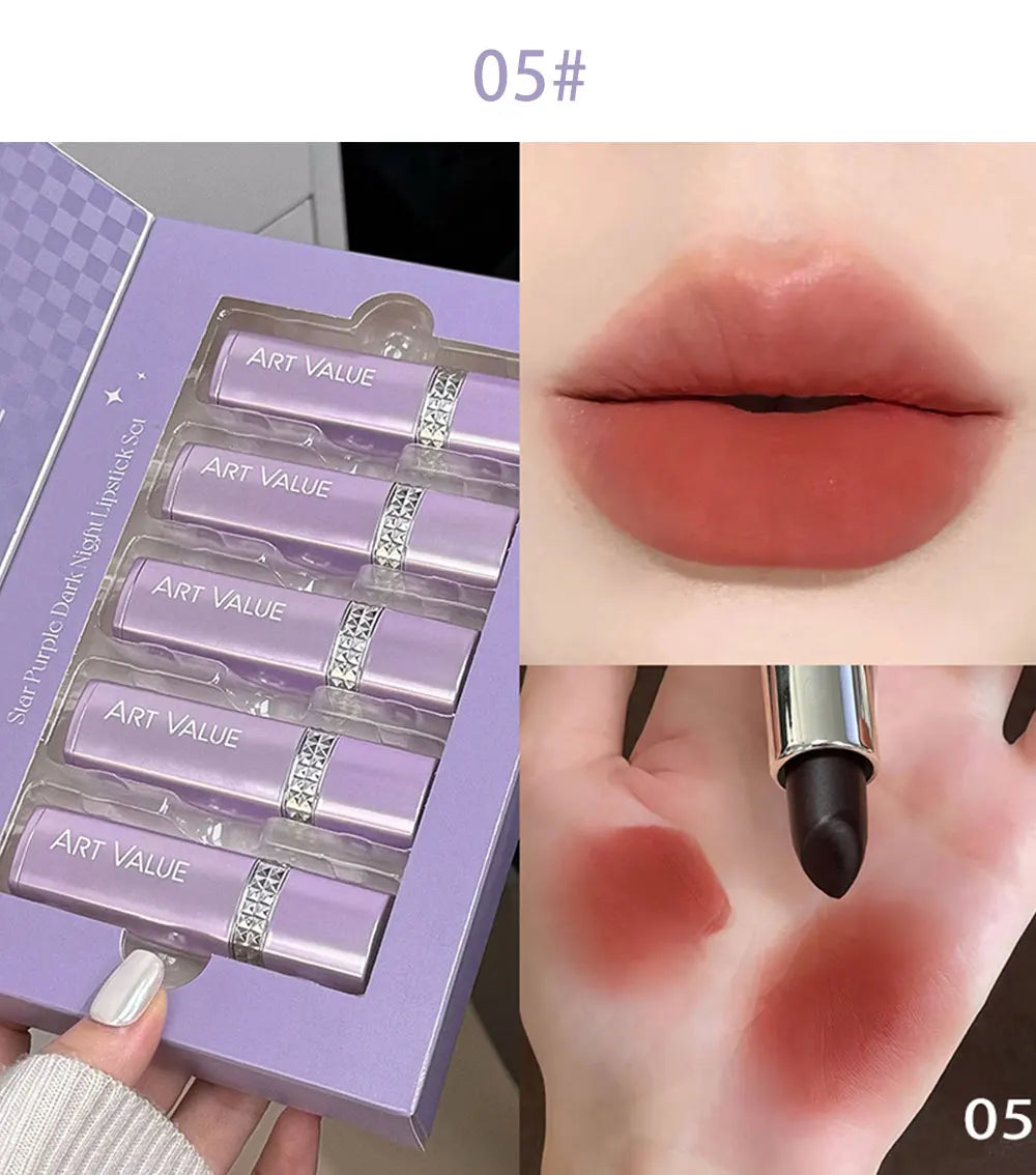 5 Colors Purple Bar Tube Black Lipstick Easy Coloring Matte Velvet Lipstick Long-lasting Red Lipstick Christmas Gift 5PCS