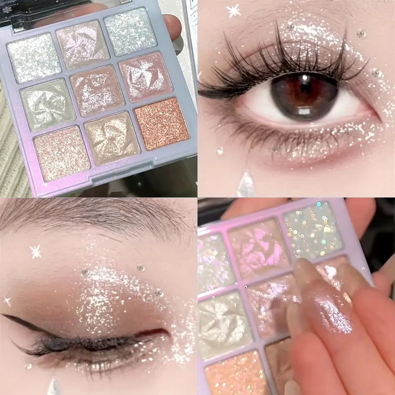 Snowflake 9-color Eyeshadow - Sparkling Pearl sequins, silver and pink tones, music festival and stage makeup, Valentine's Day