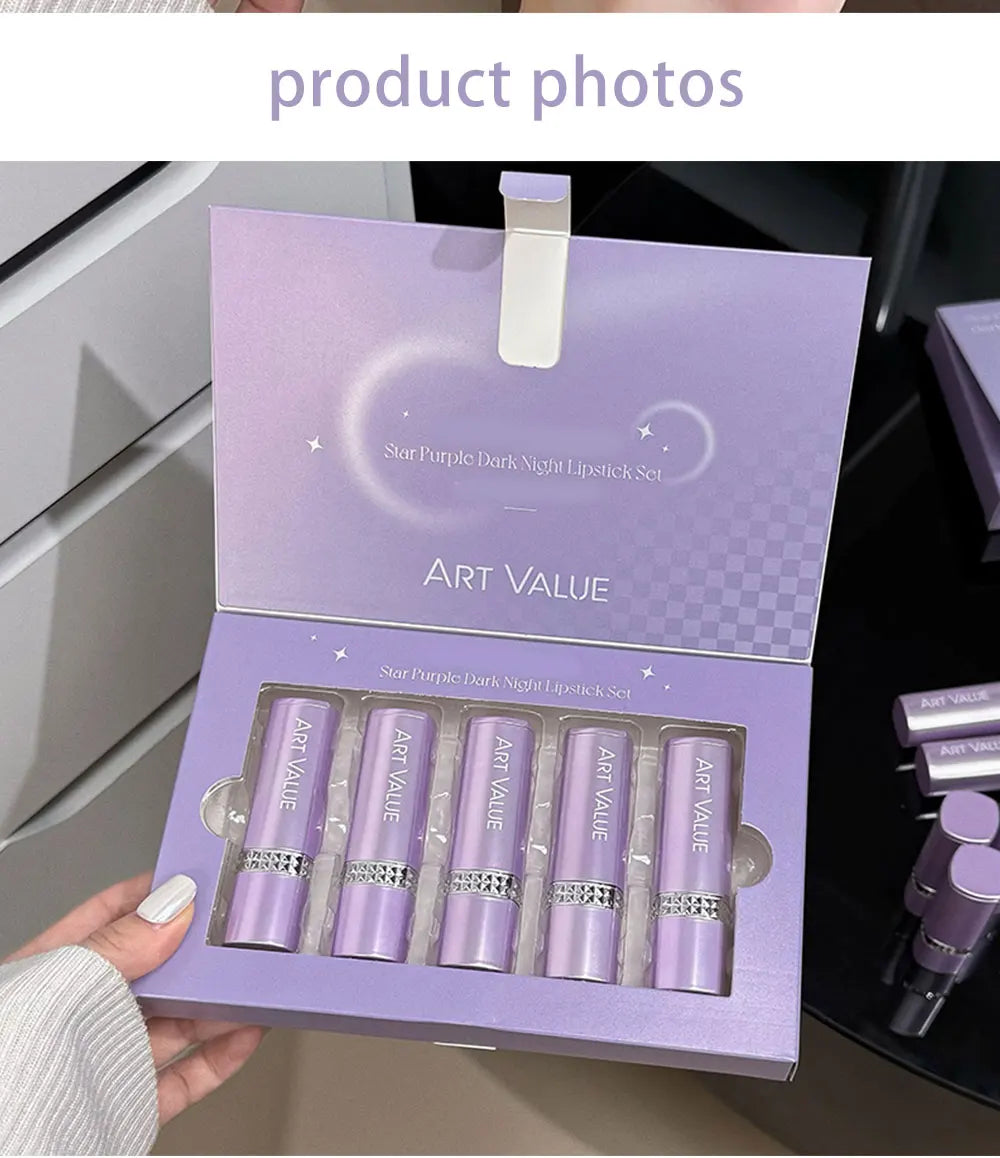 5 Colors Purple Bar Tube Black Lipstick Easy Coloring Matte Velvet Lipstick Long-lasting Red Lipstick Christmas Gift 5PCS