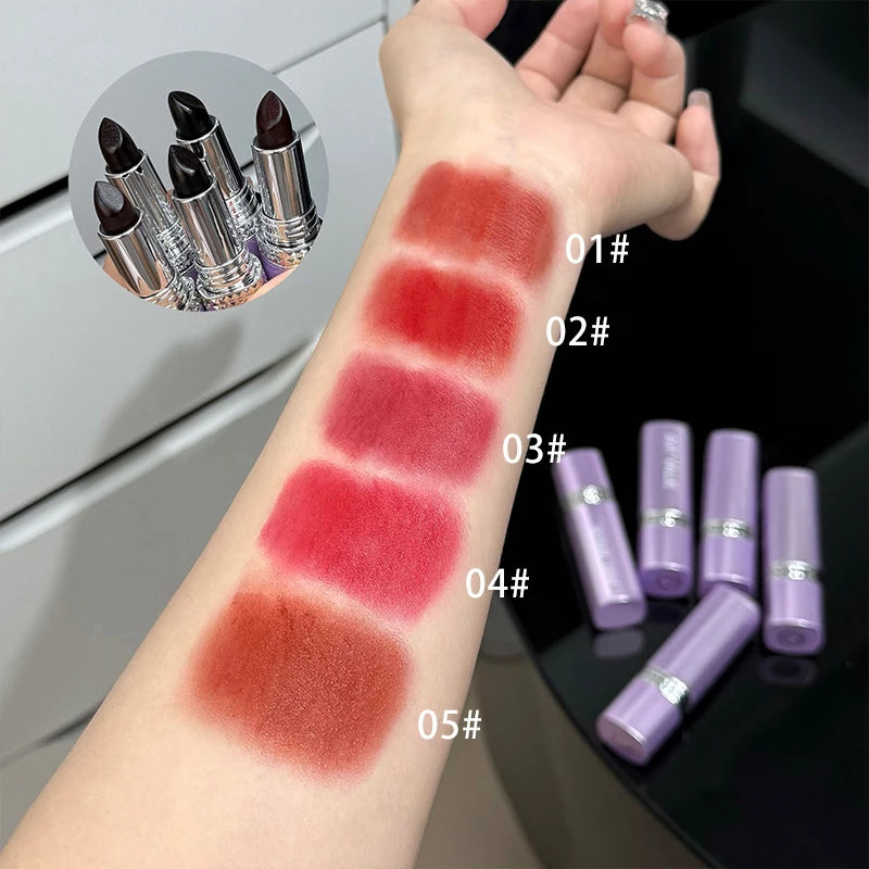 5 Colors Purple Bar Tube Black Lipstick Easy Coloring Matte Velvet Lipstick Long-lasting Red Lipstick Christmas Gift 5PCS