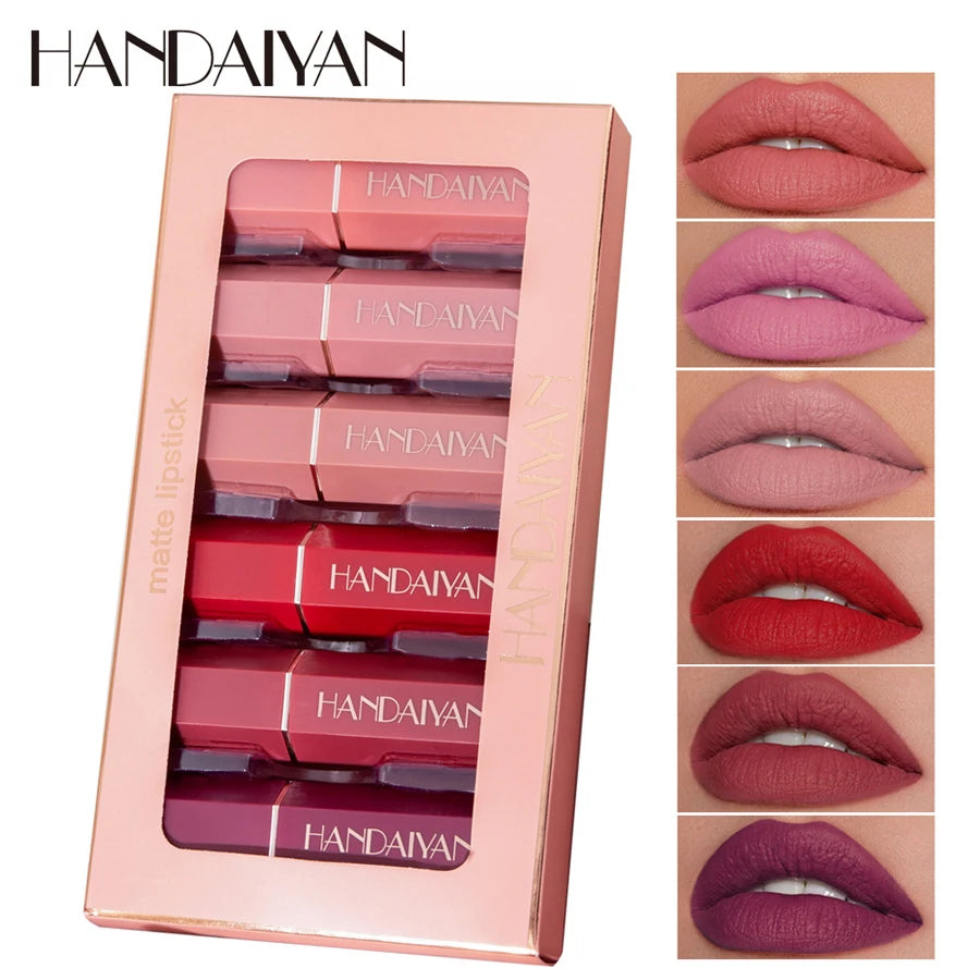 6 Colors Gold Bar Tube Lipstick Matte Texture Pearlescent Glitter Velvet NonStick Cup Lipstick Valentine's Day Gift 6Pcs/Set